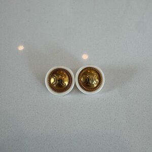 Celine Gold Emblem Round Earrings with White Border